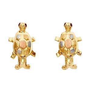 14K Tri Color Gold Turtle Earrings W/Clip Lock